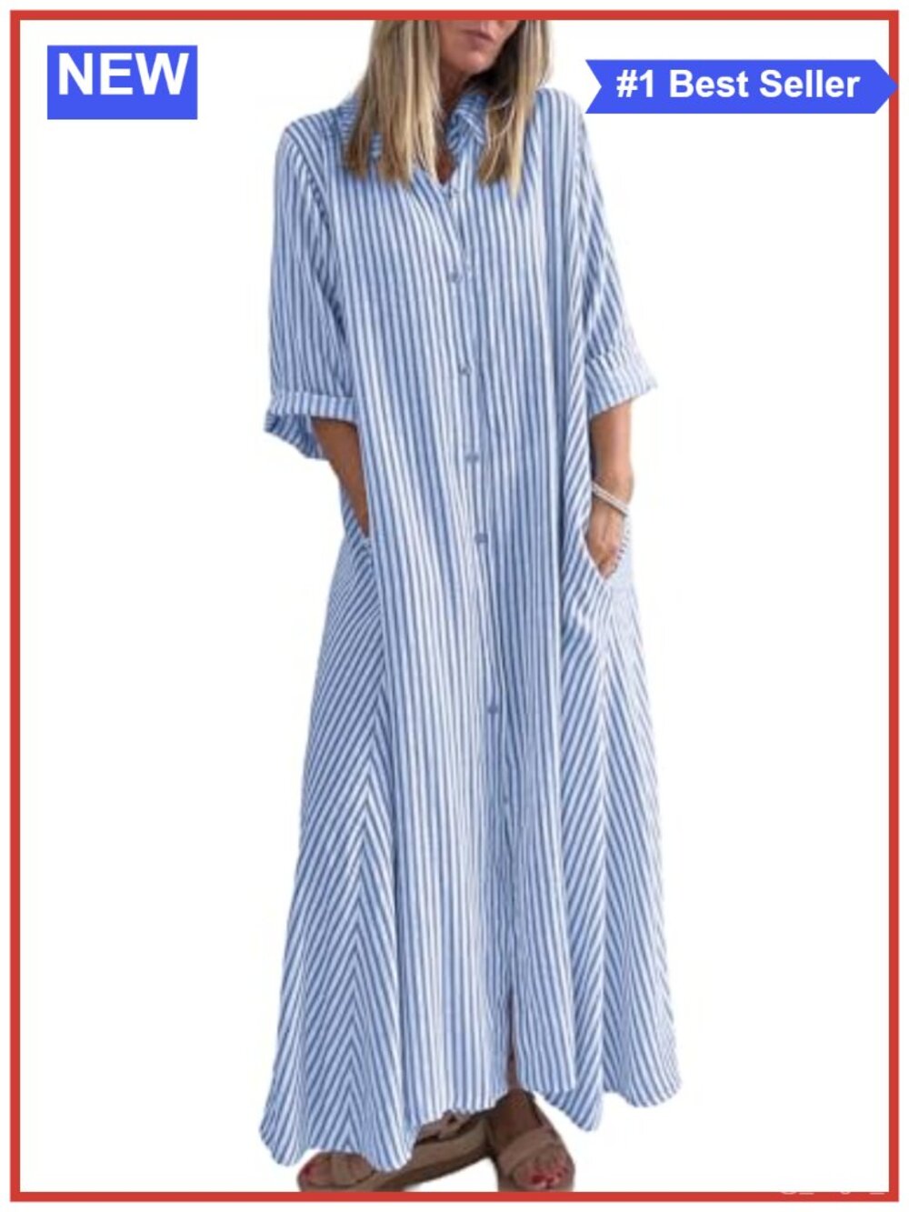 Women's 100% Cotton Boho Striped Maxi Shirt Dress 3/4 Sleeve Button Down A-Line